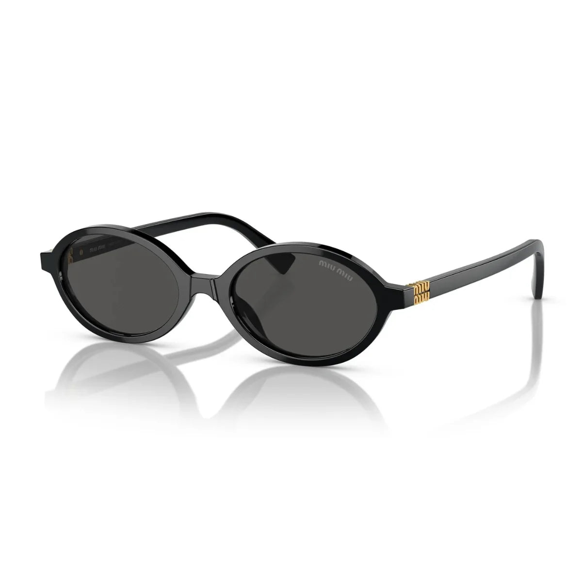 "Model wearing Miu Miu oval sunglasses in black — SMU 04Z 1AB 5S0 — a signature piece from women’s Miu Miu eyewear collection."