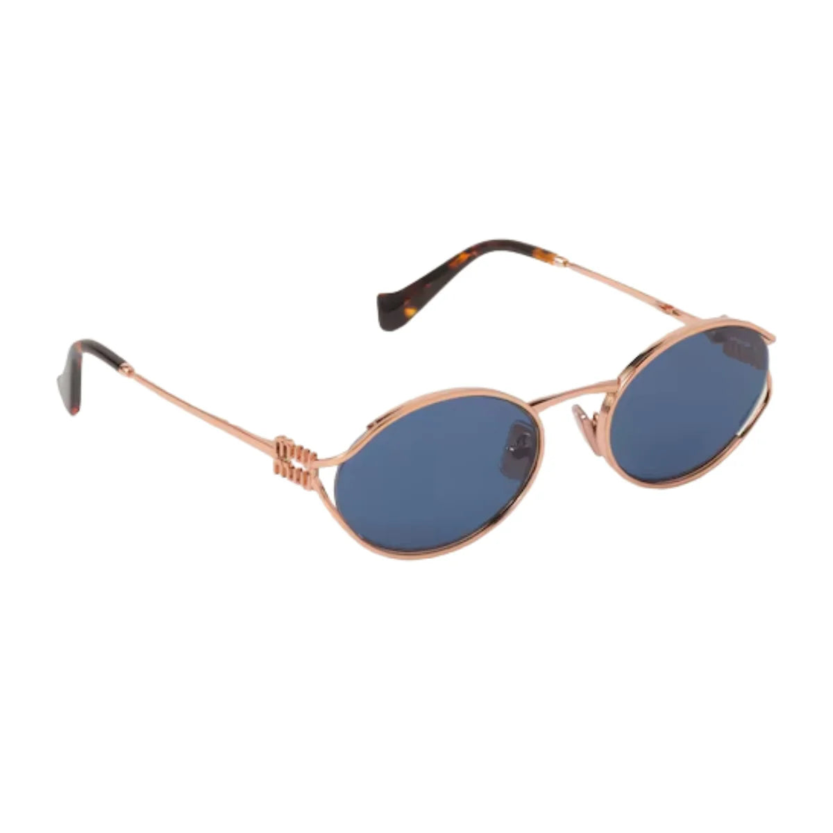 "Women’s Miu Miu SMU 52Y ZVF 1V1 sunglasses with rose gold full-frame and dark blue lenses, lightweight and comfortable, from Optorium online"
