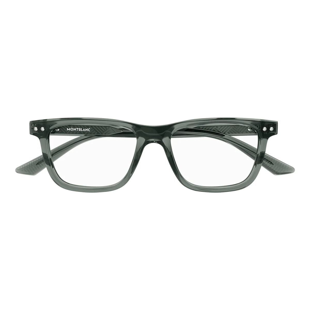 "A close-up of the new Mont Blanc 0322O 008 men's frames showcasing intricate design details, available at Optorium."