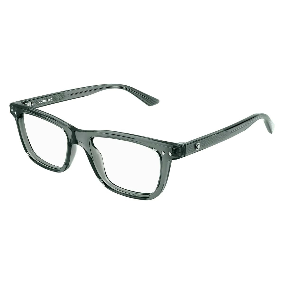 "A close-up of the new Mont Blanc 0322O 008 men's frames showcasing intricate design details, available at Optorium."