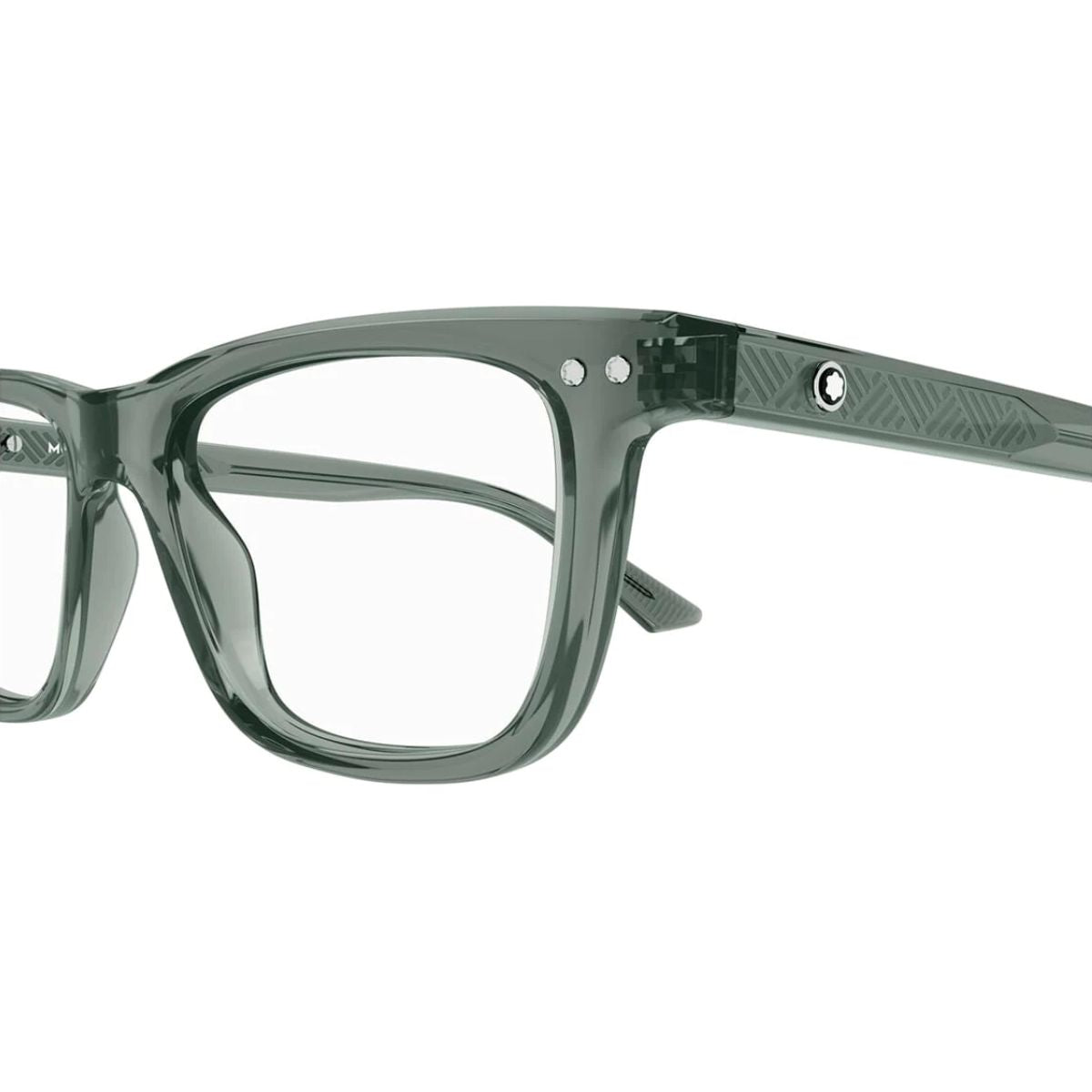 "A close-up of the new Mont Blanc 0322O 008 men's frames showcasing intricate design details, available at Optorium."