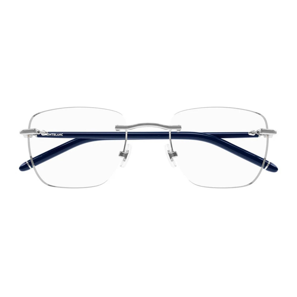 "Mont Blanc MB0274O 003 rimless square frame with blue temples, online at Optorium."