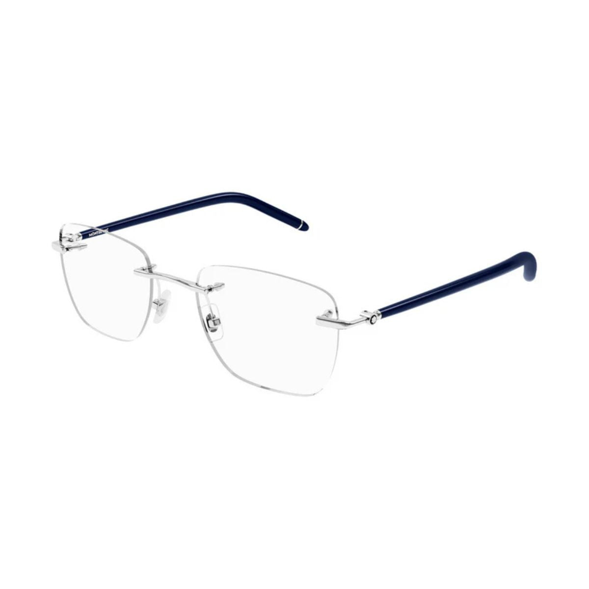 "Stylish Mont Blanc MB0274O 003 square frame with shiny blue temples, online at Optorium."