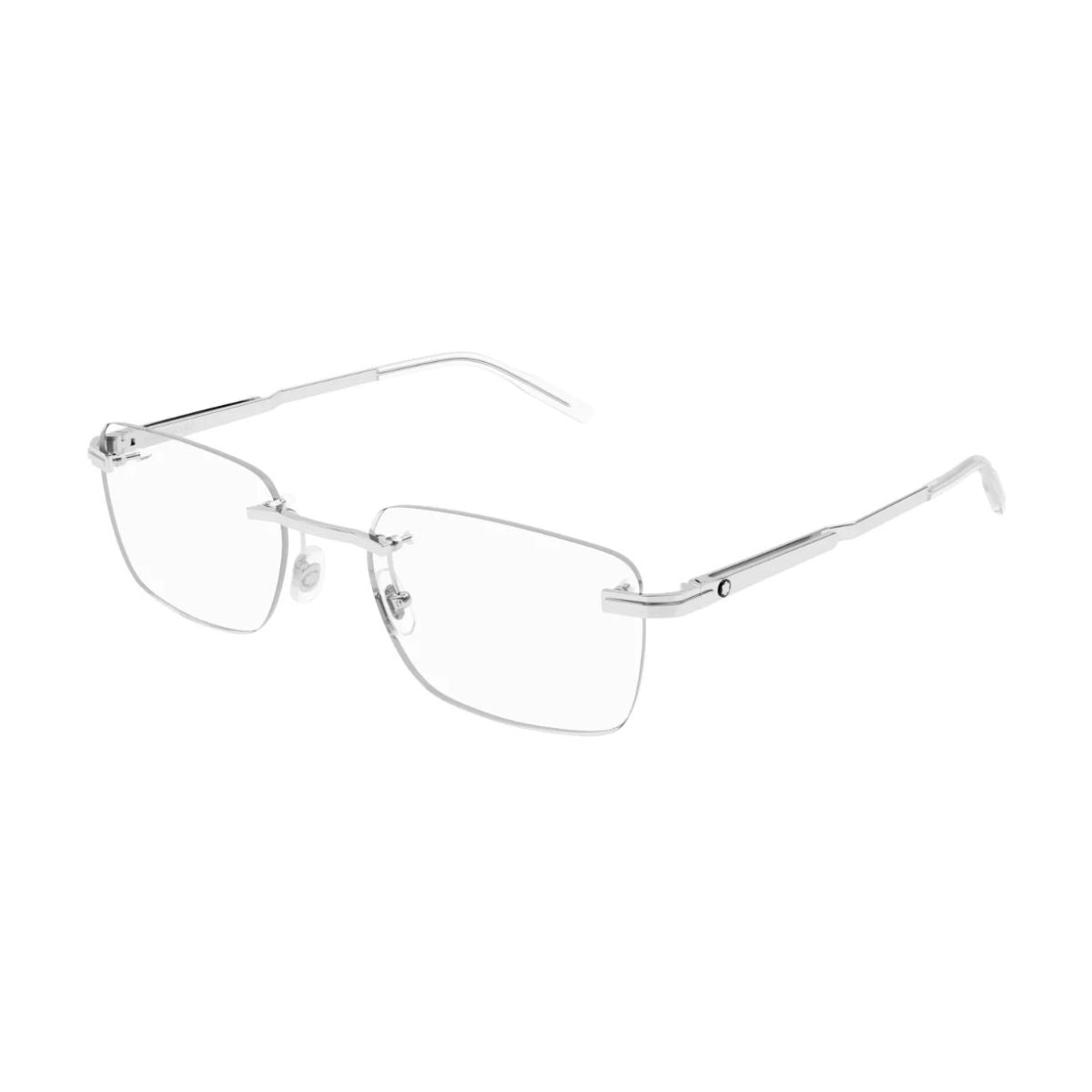 "Sleek Mont Blanc MB0279O 001 rimless silver frame, offering comfort and elegance, online at Optorium."