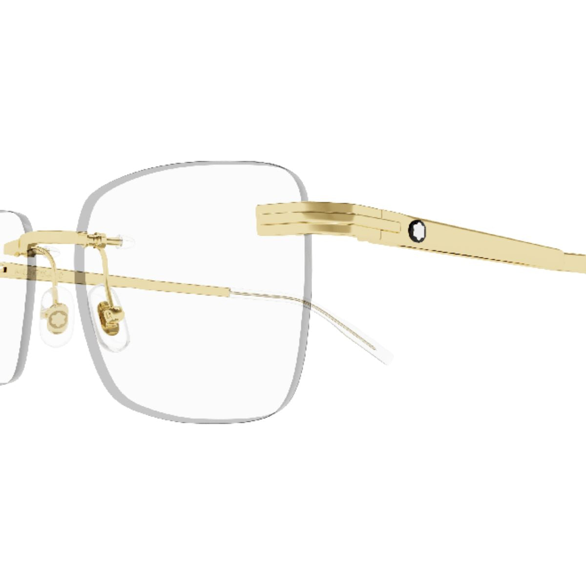 "Mont Blanc MB0279O 002 gold rimless square optical frame, modern and durable, online at Optorium."