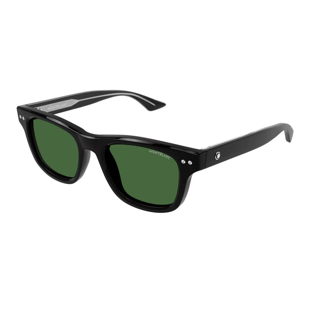 Discover Mont Blanc MB0254S 006 sunglasses with green lenses, UV-blocking technology, and shiny black square frame—best luxury men’s eyewear online now at optorium.
