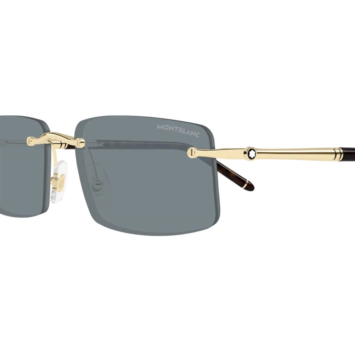Trendy Mont Blanc gold sunglasses MB0443S 004, stylish sunglasses for men, luxury rimless Montblanc rectangle sunglasses with UV protection, Montblanc eyewear India at Optorium.