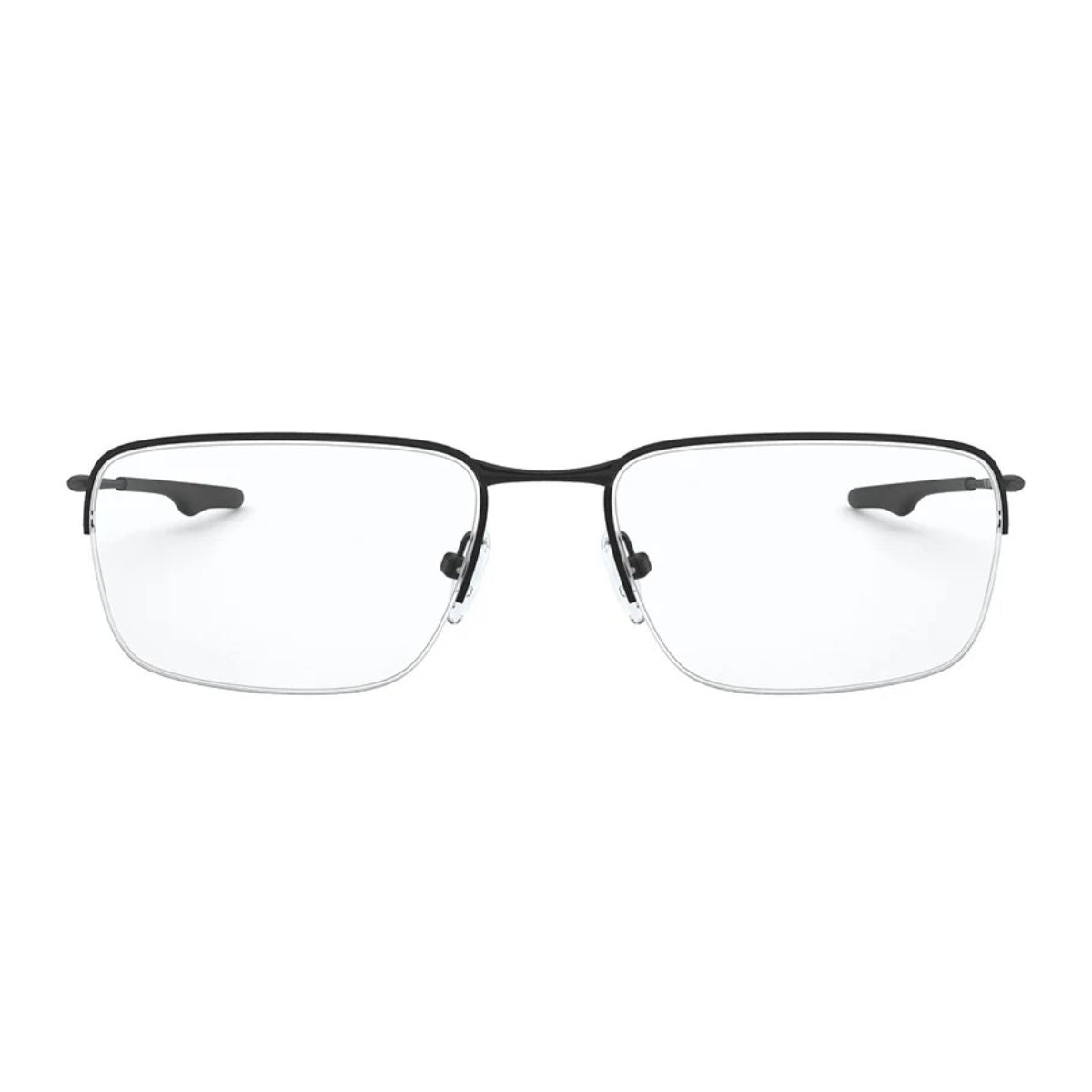 A pair of Oakley half-rim eyeglasses with a matte dark navy titanium frame.