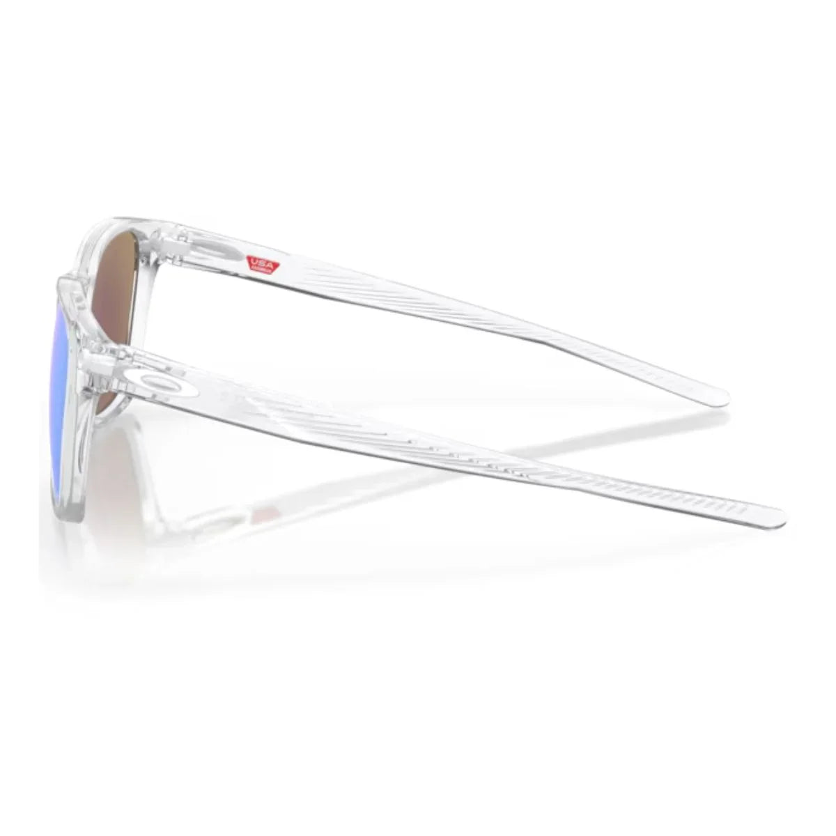 Stylish Oakley Ojector 9018‑0255 square sunglasses in clear frame with Prizm Sapphire lenses, perfect for men’s UV eye protection. Explore top Oakley sunglasses at Optorium.