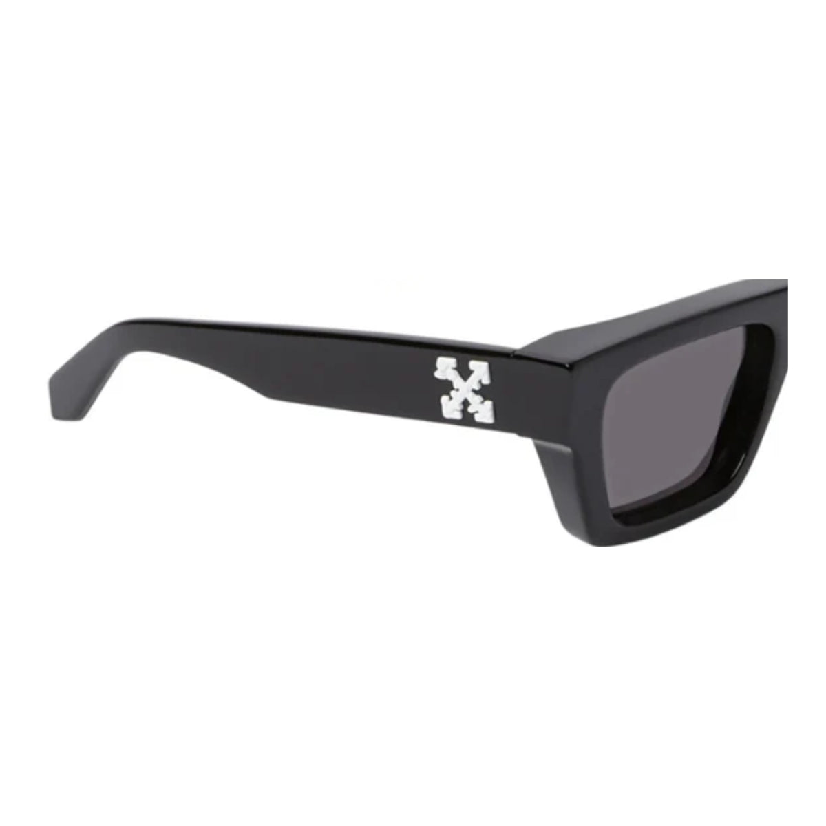 Black sunglasses with a logo on the arm against a white background