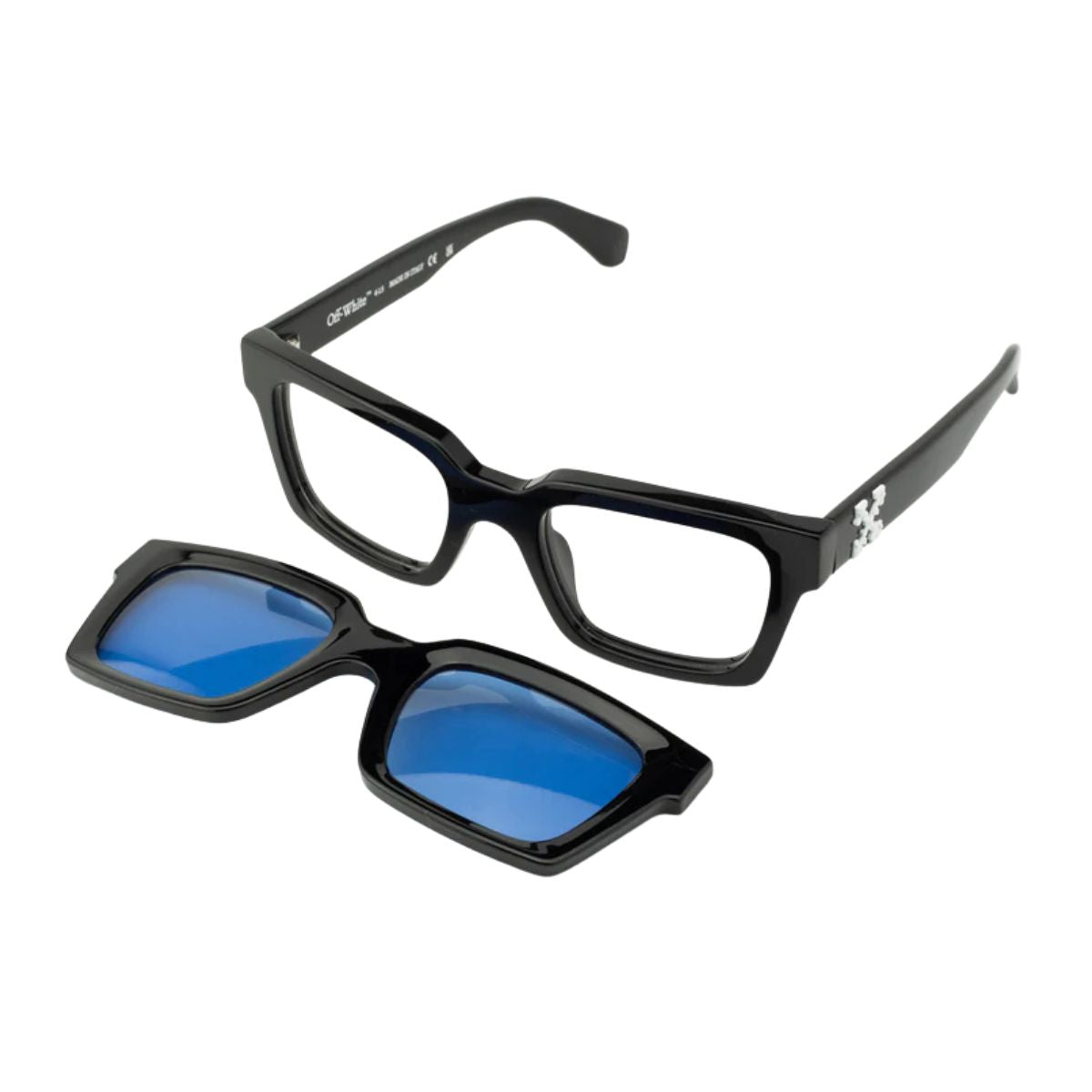 Trending Off White Eyewear for men & women, model OERI14C 1045, with black square clip-on sunglasses built for UV protection and everyday style. Get it now at Optorium.