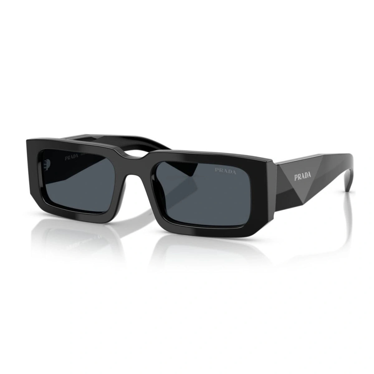 Black rectangle Prada shades with sleek temples and grey tint