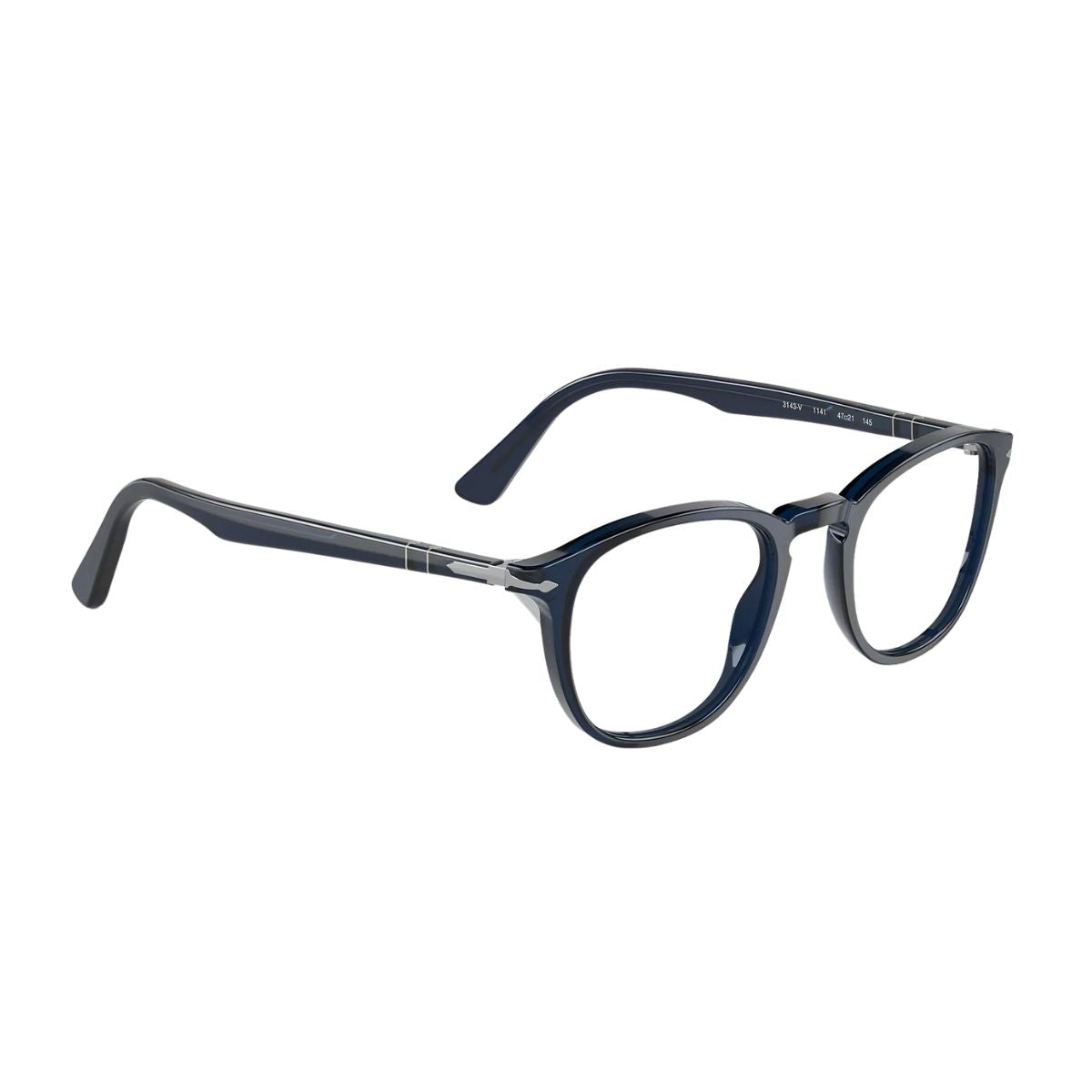 Unisex Persol 3143-V 1141 eyeglasses frame, square design with transparent blue finish. Buy online at Optorium.