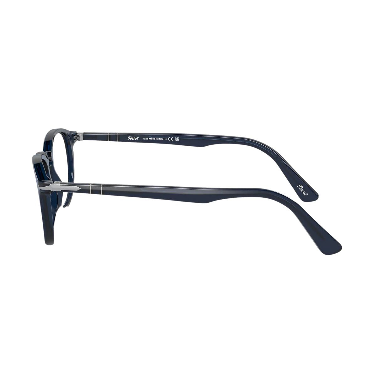 Lightweight Persol 3143-V 1141 optical frame, square shape in transparent blue. Available at Optorium.