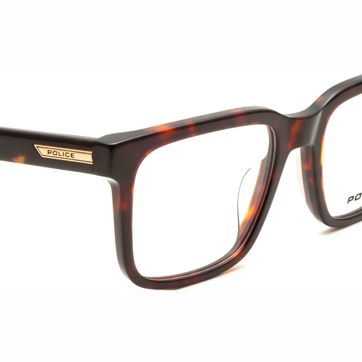 Dark havana Police VPLV87K 0745 eyeglasses showing rich brown tone finish
