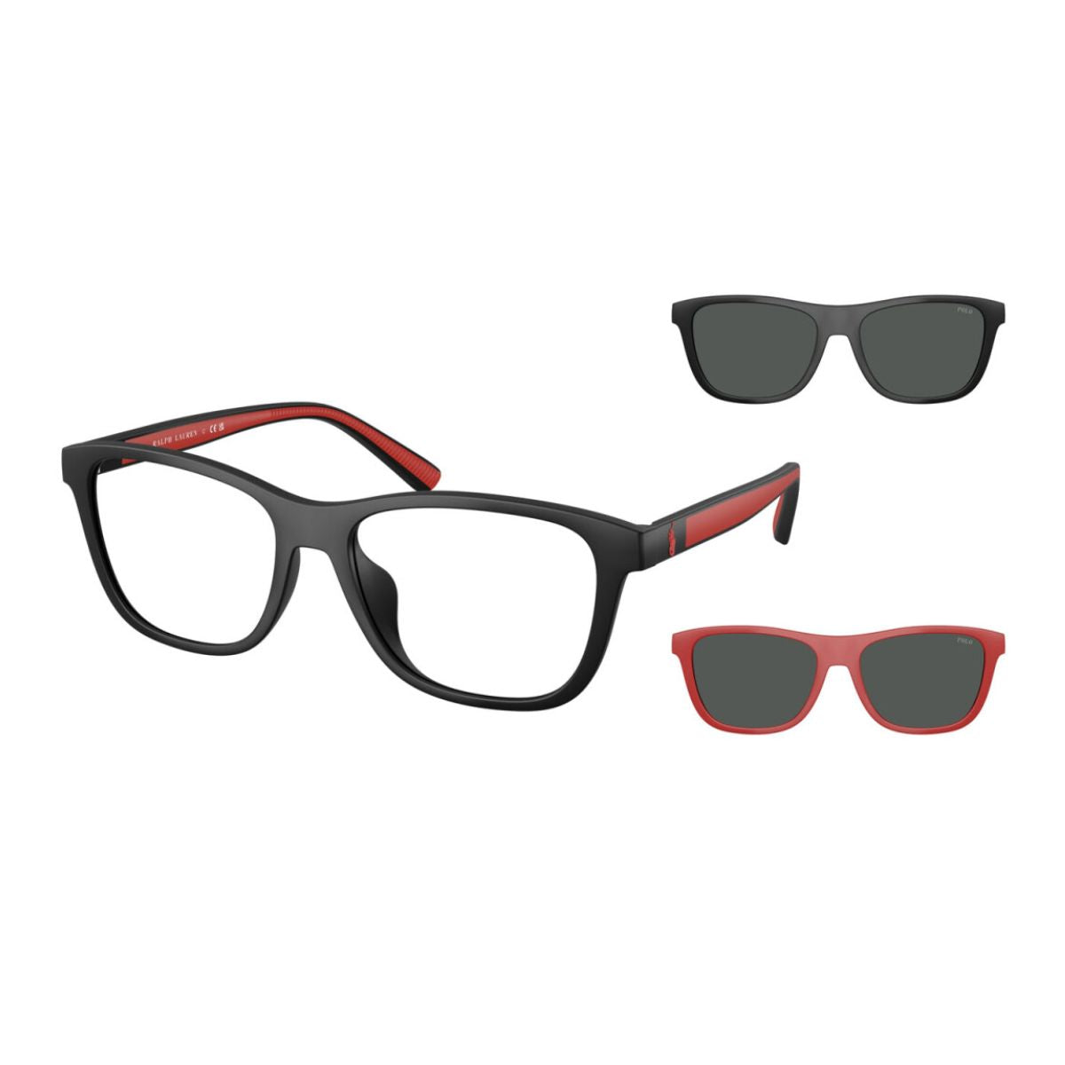 Luxury Ralph Lauren Polo PH4228U 5001/87 clip-on sunglasses for men. Square frame design, perfect for daily wear and UV protection, now trending at Optorium.