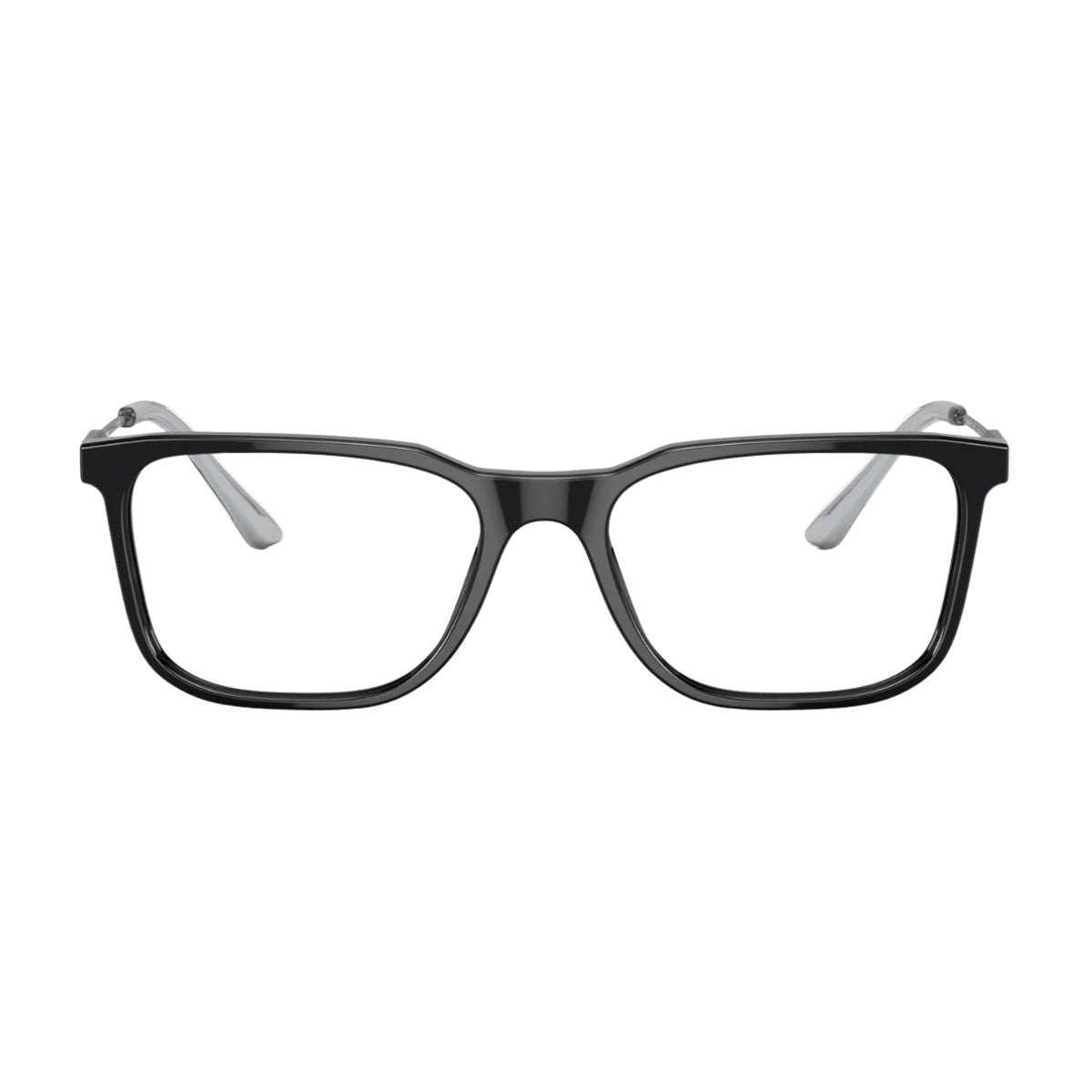 Prada VPR 05Z 1AB-1O1 eyewear frame, black rectangle design with silver metal temples. Available online at Optorium.