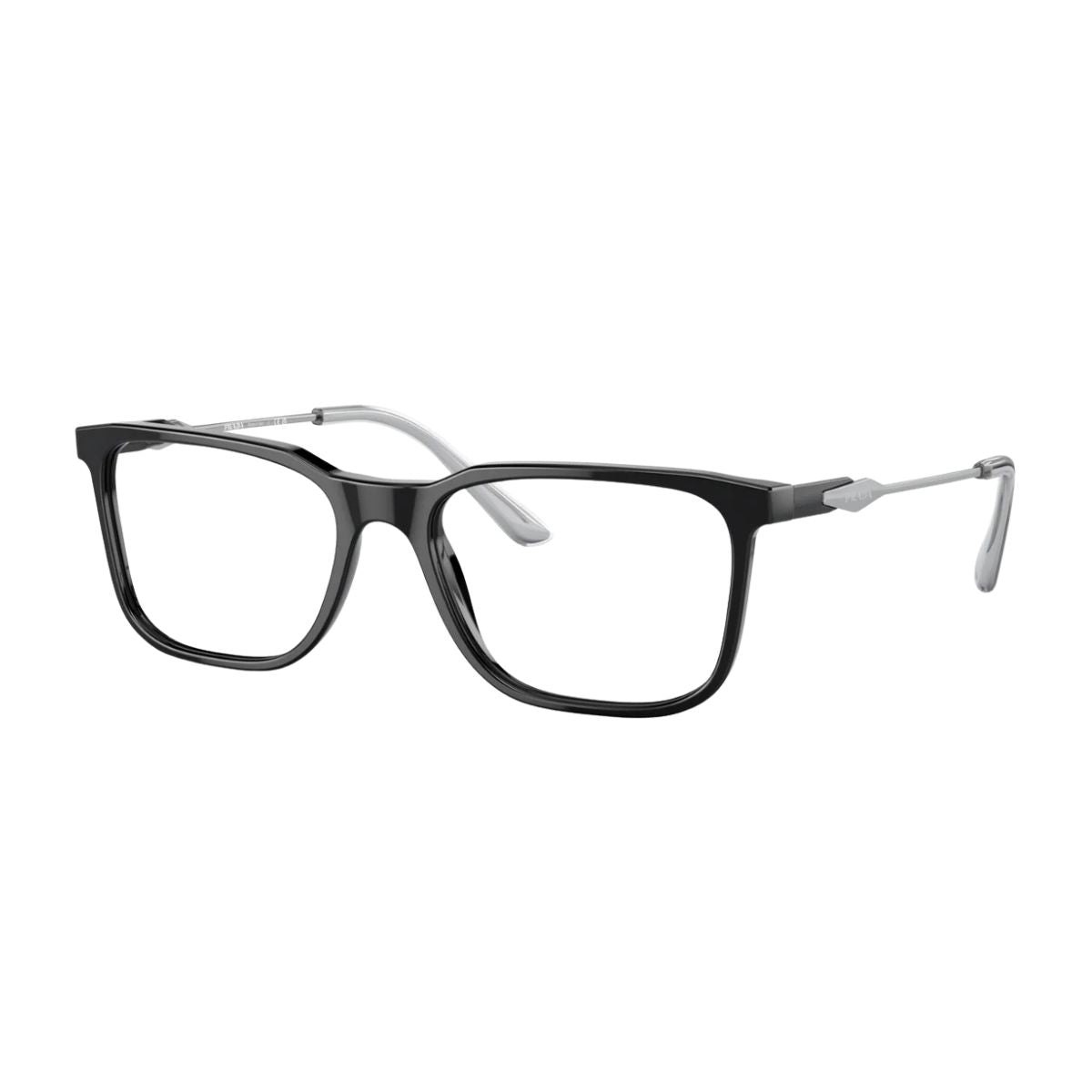 Stylish Prada optical frame VPR 05Z 1AB-1O1, black rectangle with silver accents. Shop now at Optorium.