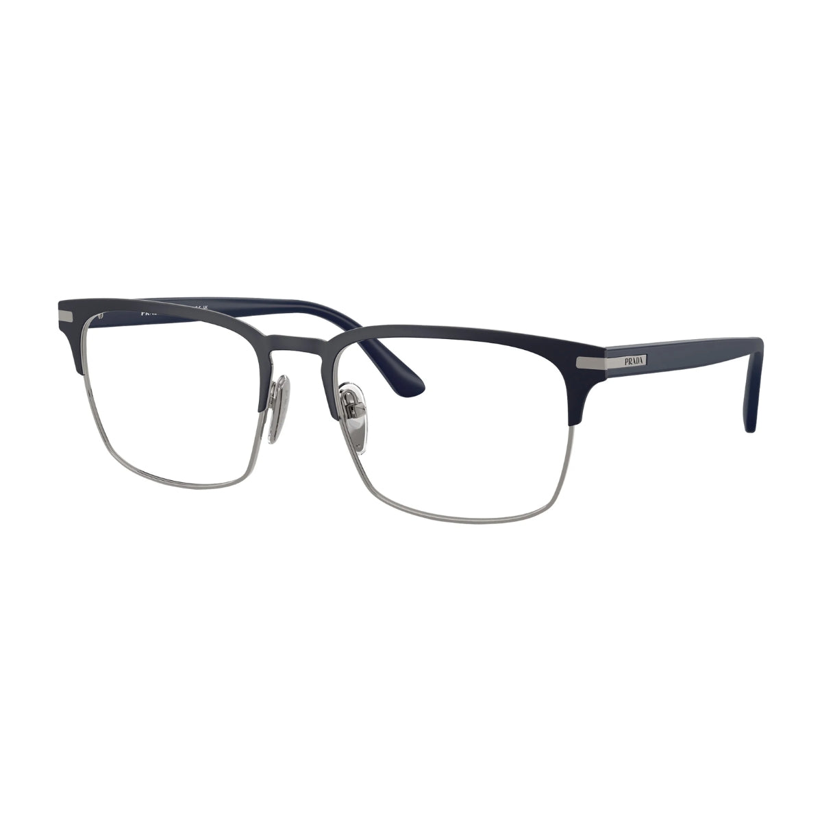 "Prada eyeglasses VPR 58Z 02N-101, stylish rectangular acetate frame in matte blue with sleek metal temples, luxury eyewear – Optorium"