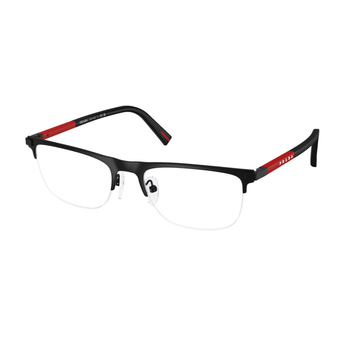 Shop Prada optical frames for men VPS 50R 1BO-101, stylish black rectangle glasses with the iconic Linea Rossa logo, trending luxury eyewear brand. Shop now at optorium.
