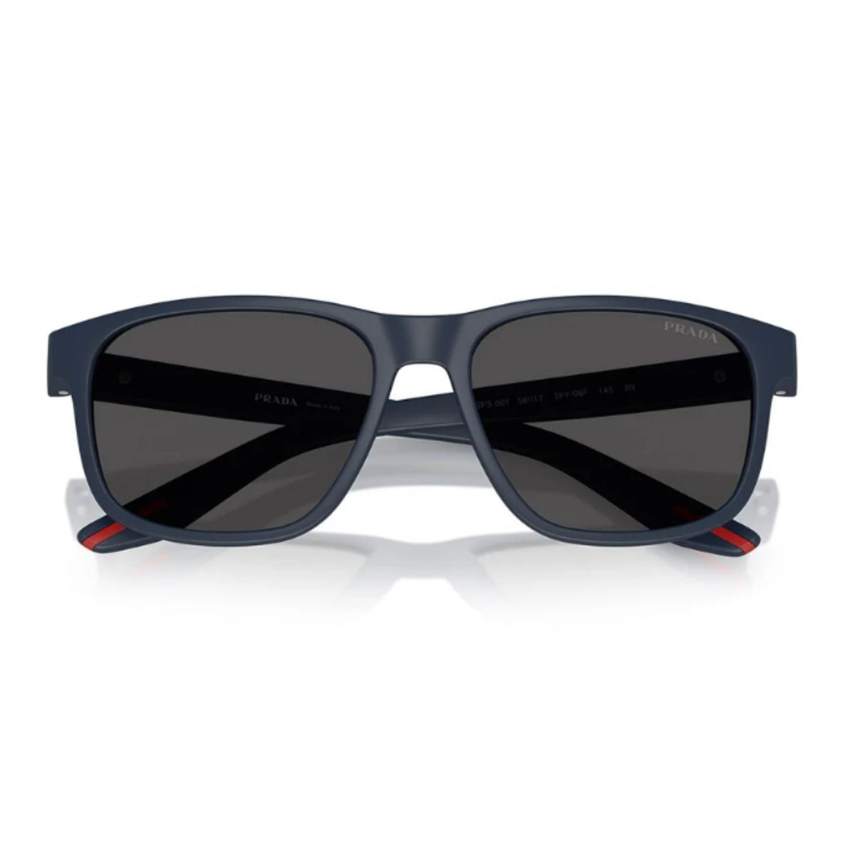Buy Prada Linea Rossa SPS 06Y TFY 06F sunglasses online – dark grey lenses, matte blue acetate, and full UV protection. Premium Prada eyewear now at Optorium.