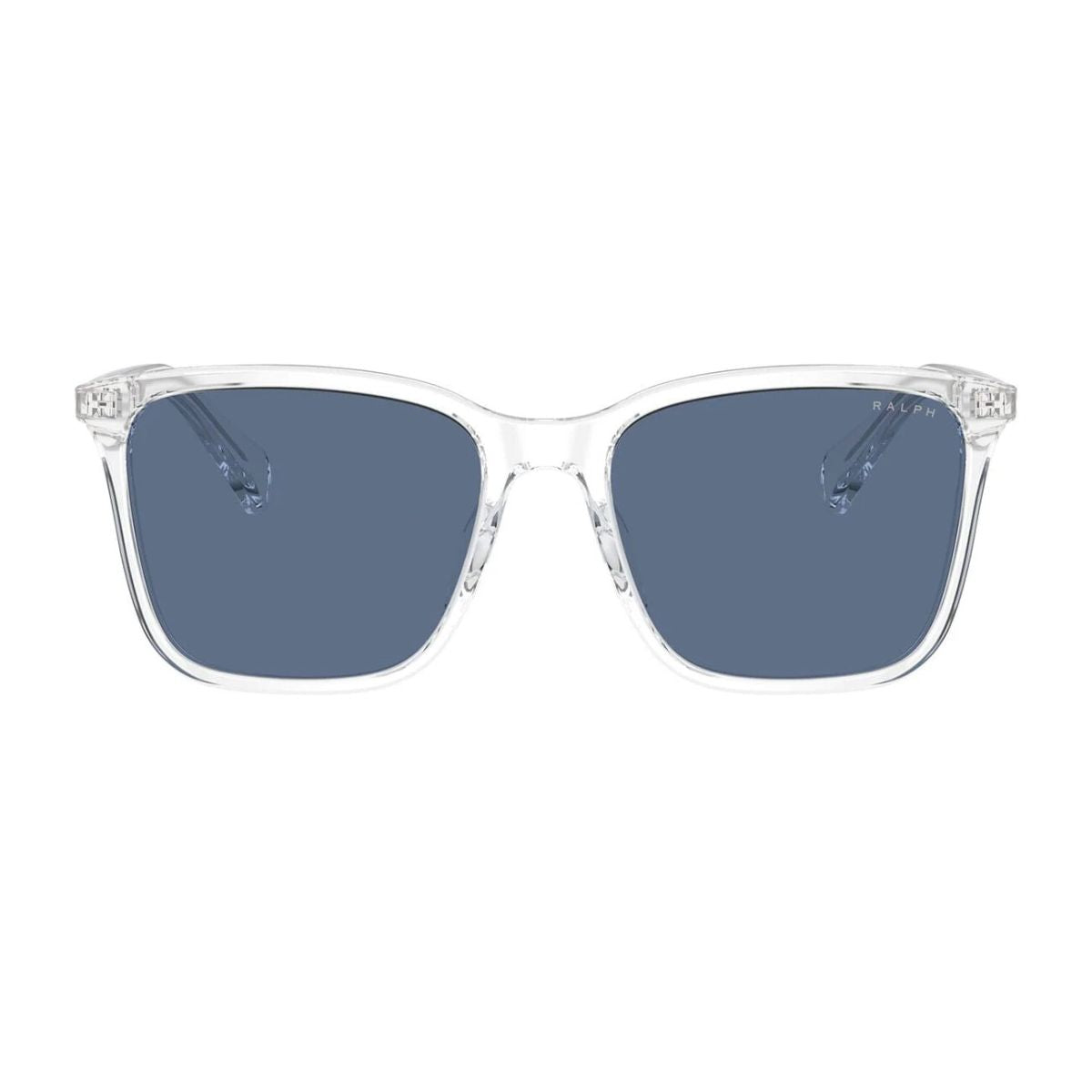 Ralph Lauren Sunglass RA5314U 5002/80 with a transparent square frame and dark blue lenses. Stylish unisex eyewear for men and women, available online at Optorium.