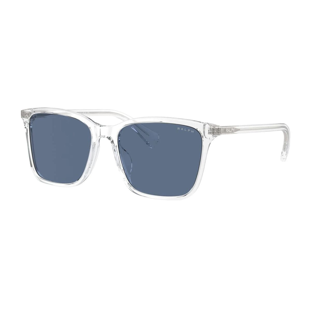 "Unisex Ralph Lauren Sunglass RA5314U 5002/80 with a modern transparent frame and dark blue UV-protected lenses. Elevate your style with this luxury eyewear, online at Optorium.