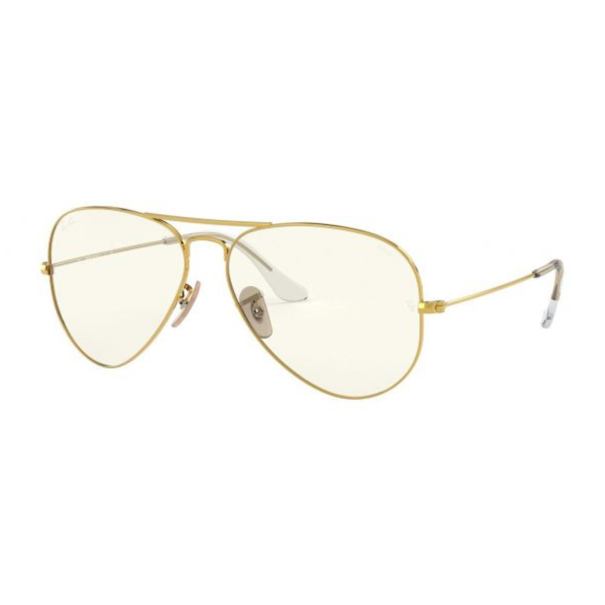 Ray-Ban aviator sunglasses featuring the iconic large metal design with clear to grey photochromic lenses, combining fashion and function exclusively at optorium.