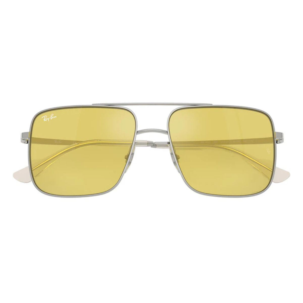 Ray‑Ban RB3758 silver metal sunglasses with vibrant yellow mirror lenses, perfect unisex rayban eyewear for fashion-forward individuals at optorium.