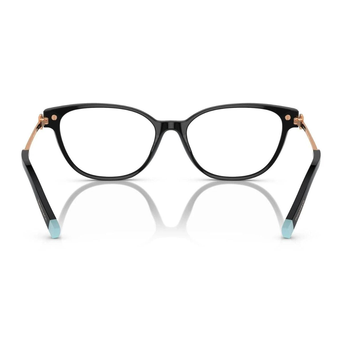 "Tiffany & Co. TF2223-B 8001: Chic black acetate cat-eye eyewear, 140mm arms, 16mm nose bridge, ideal for women. Optorium"