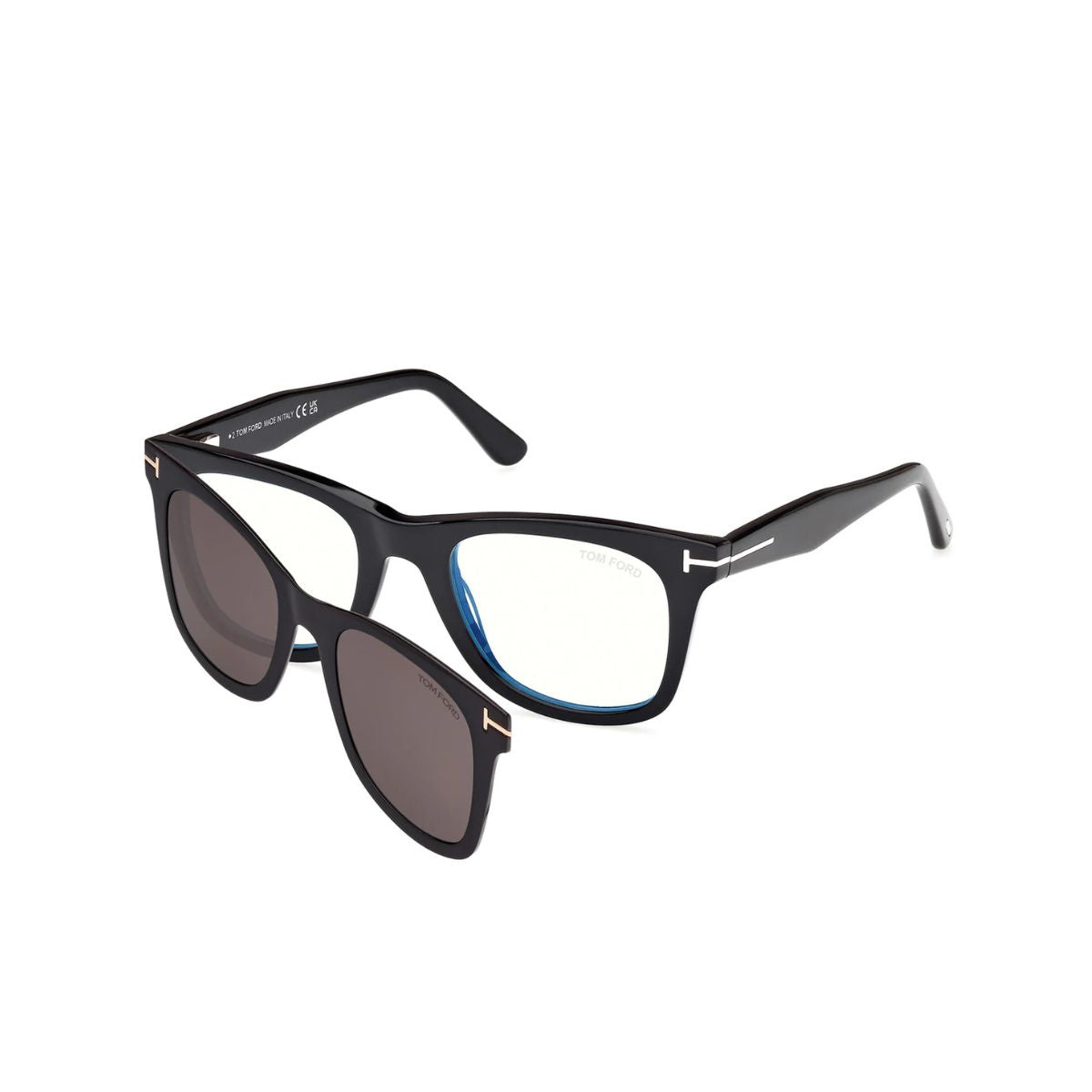 "Stylish Tom Ford TF5970-B 001 frame with grey clip-on UV protection, online at Optorium."