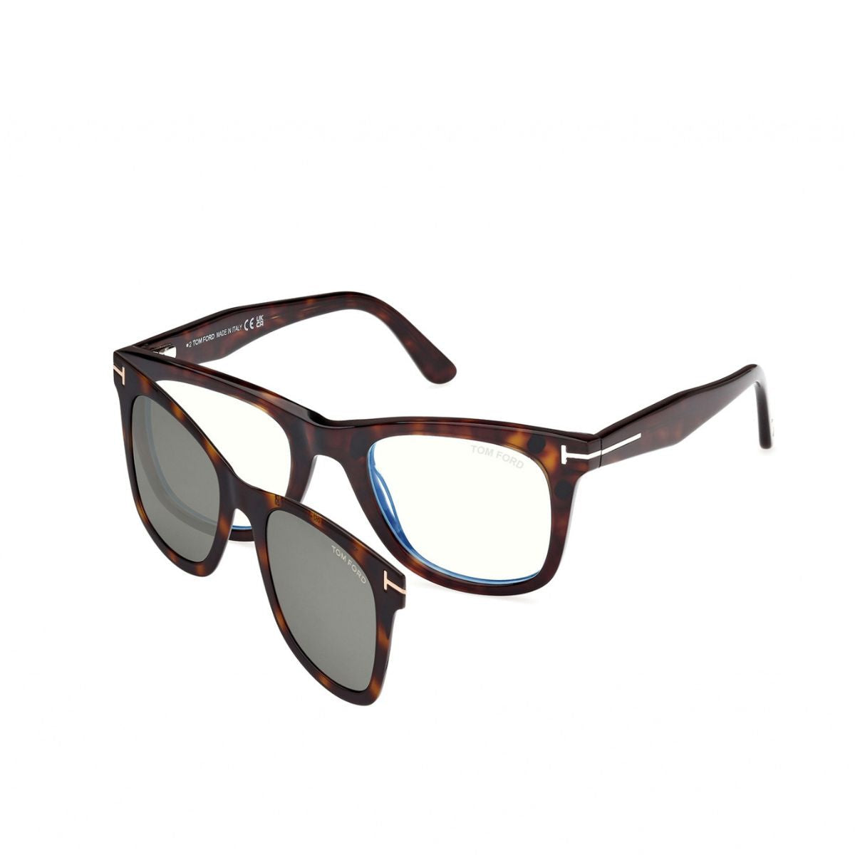"Stylish Tom Ford TF5970-B 052 frame with green UV protection clip-on, online at Optorium."