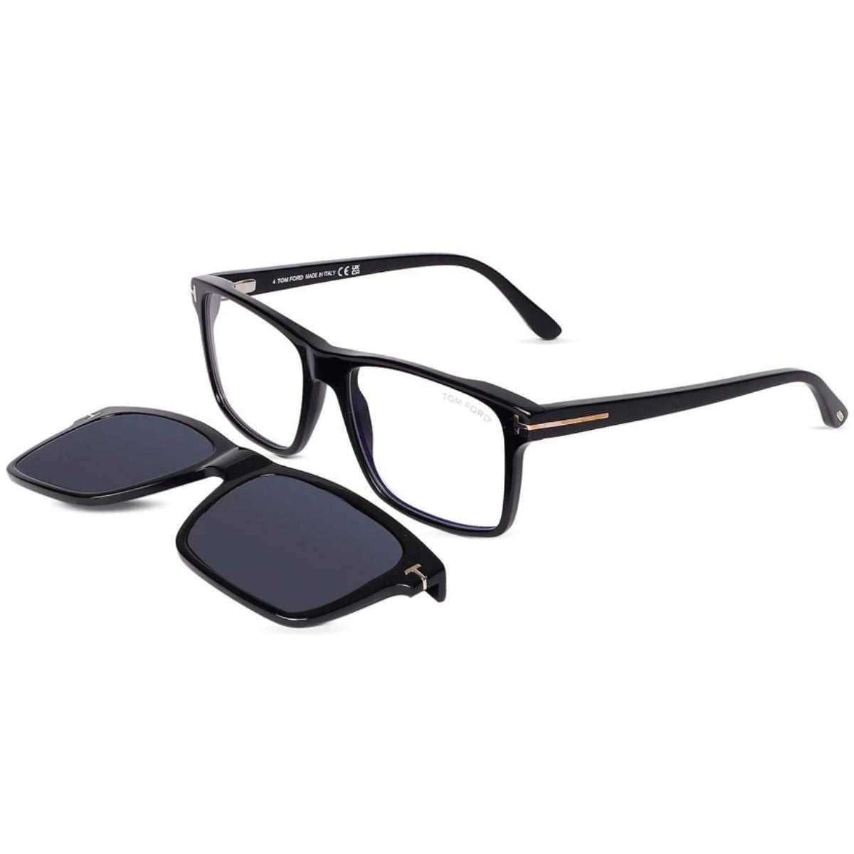 Buy Tom Ford TF5682 clip-on eyeglasses online India with shiny black frame, magnetic clip-on, and premium eyewear style for men at Optorium.
