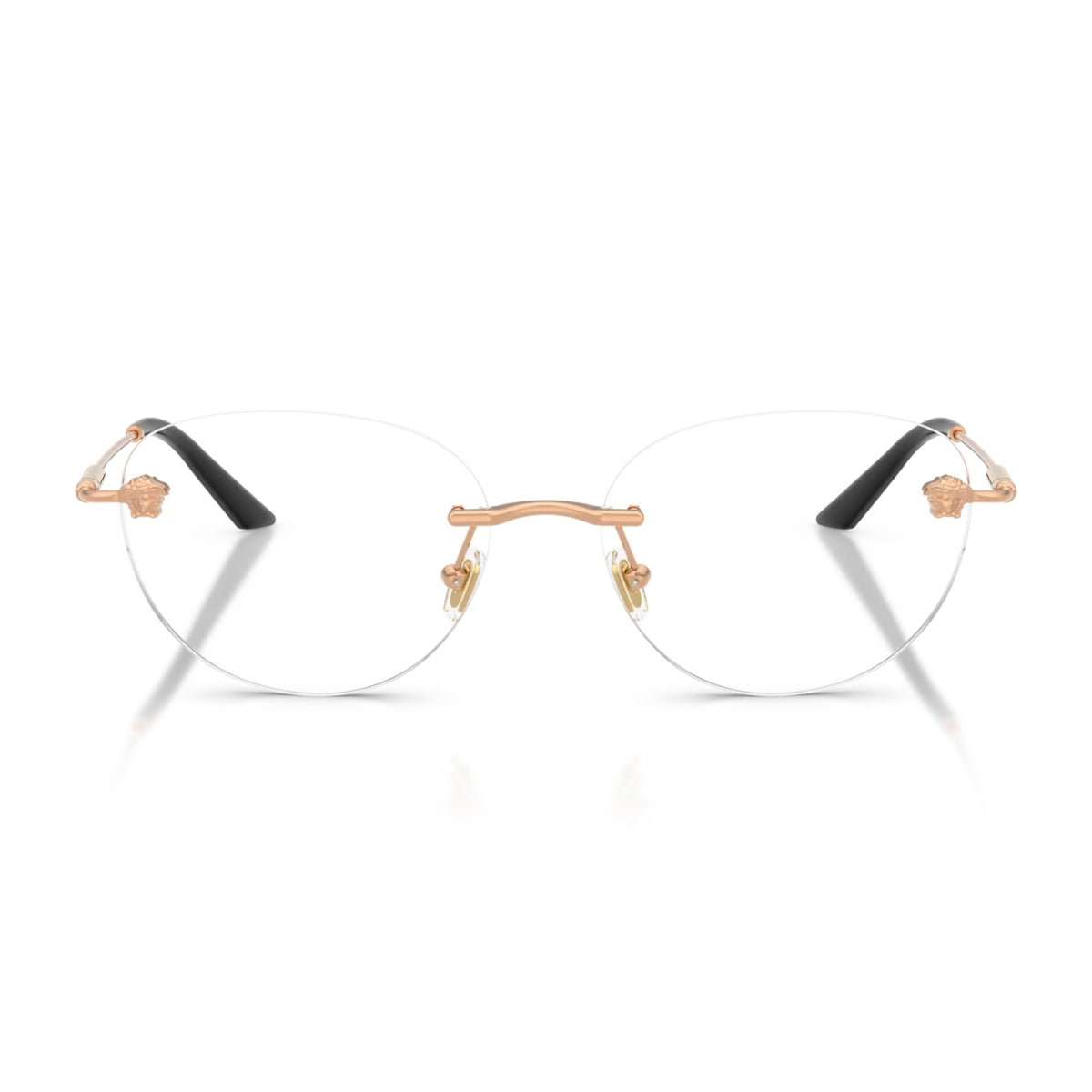 "Versace 1305 1412 rose gold eyeglasses for women with rimless designer frame and signature Medusa temples Optorium"