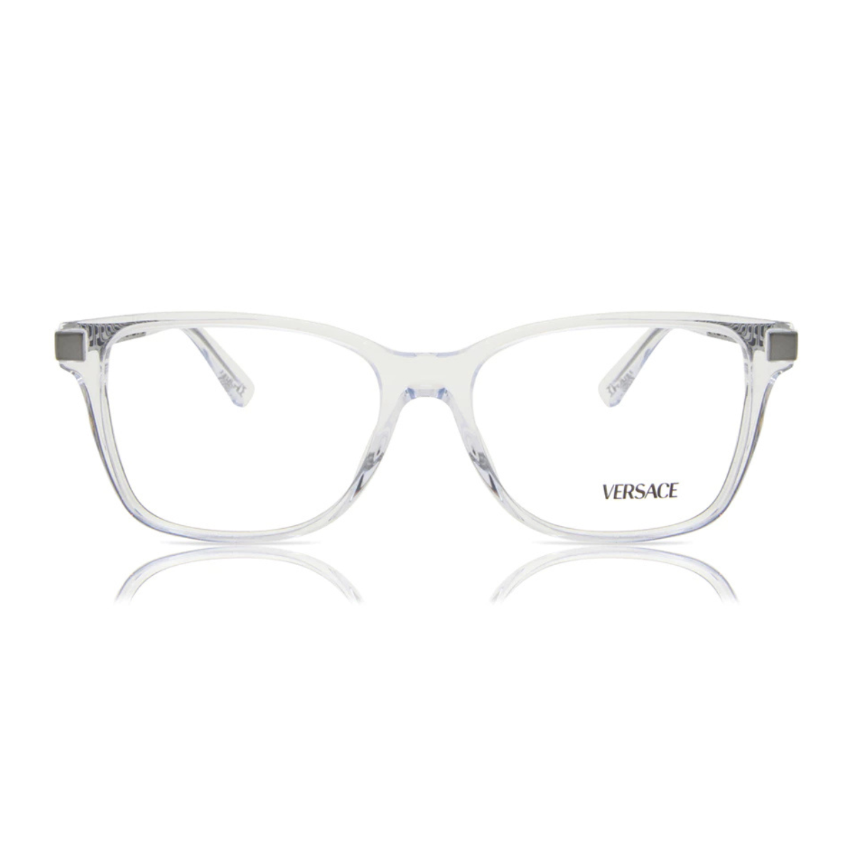 Versace VE3340U 148 eyeglasses feature a transparent frame, showcasing stylish crystal details for both men and women in optical fashion. Optorium.