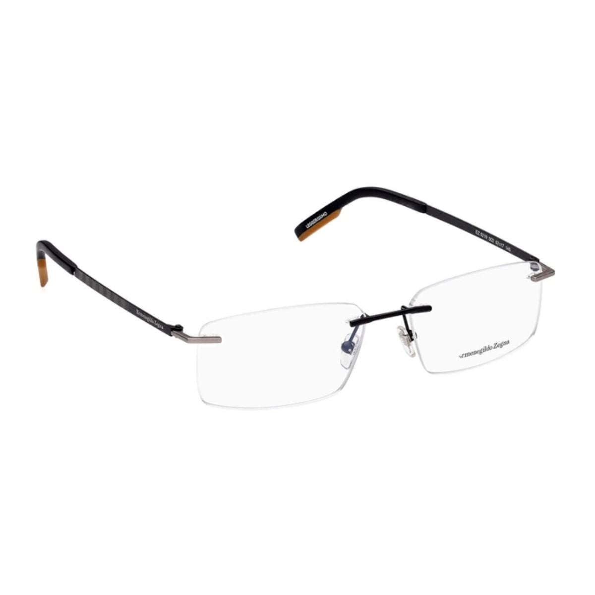 "Stylish Zegna EZ5219 002 rectangle rimless black prescription glasses frame for men at Optorium."