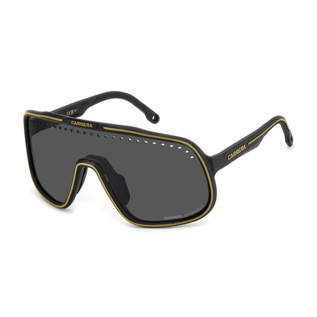 Matte black Carrera shield shades with gold accents