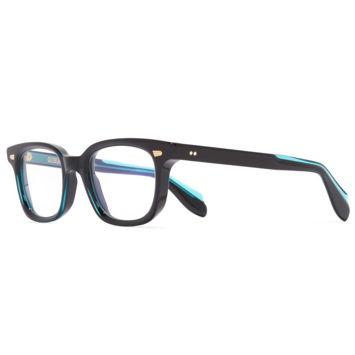 "Square optical frame in teal on black by Cutler & Gross, perfect for eyeglasses online at Optorium."
