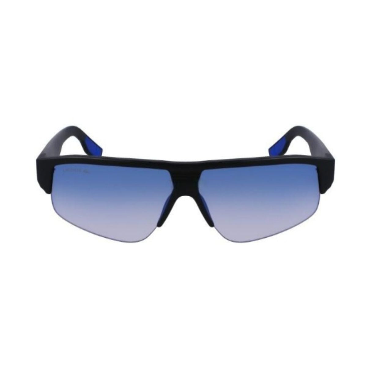 "Lacoste 6003S 002 Rectangle Sunglass for Women at Optorium: Stylish, UV-protected sunglasses with blue flash mirror lens. Available in black or blue temple color. Perfect for men and women, made with polycarbonate lens and a full frame. Shop now at Optorium."