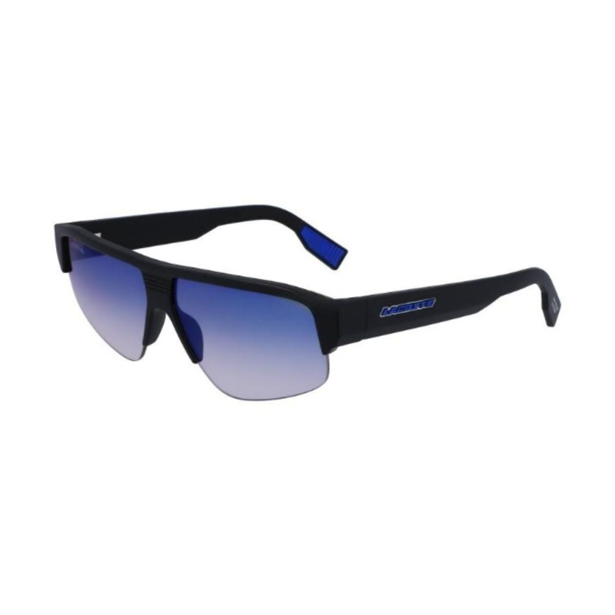 "Lacoste 6003S 002 Rectangle Sunglass for Women at Optorium: Stylish, UV-protected sunglasses with blue flash mirror lens. Available in black or blue temple color. Perfect for men and women, made with polycarbonate lens and a full frame. Shop now at Optorium."
