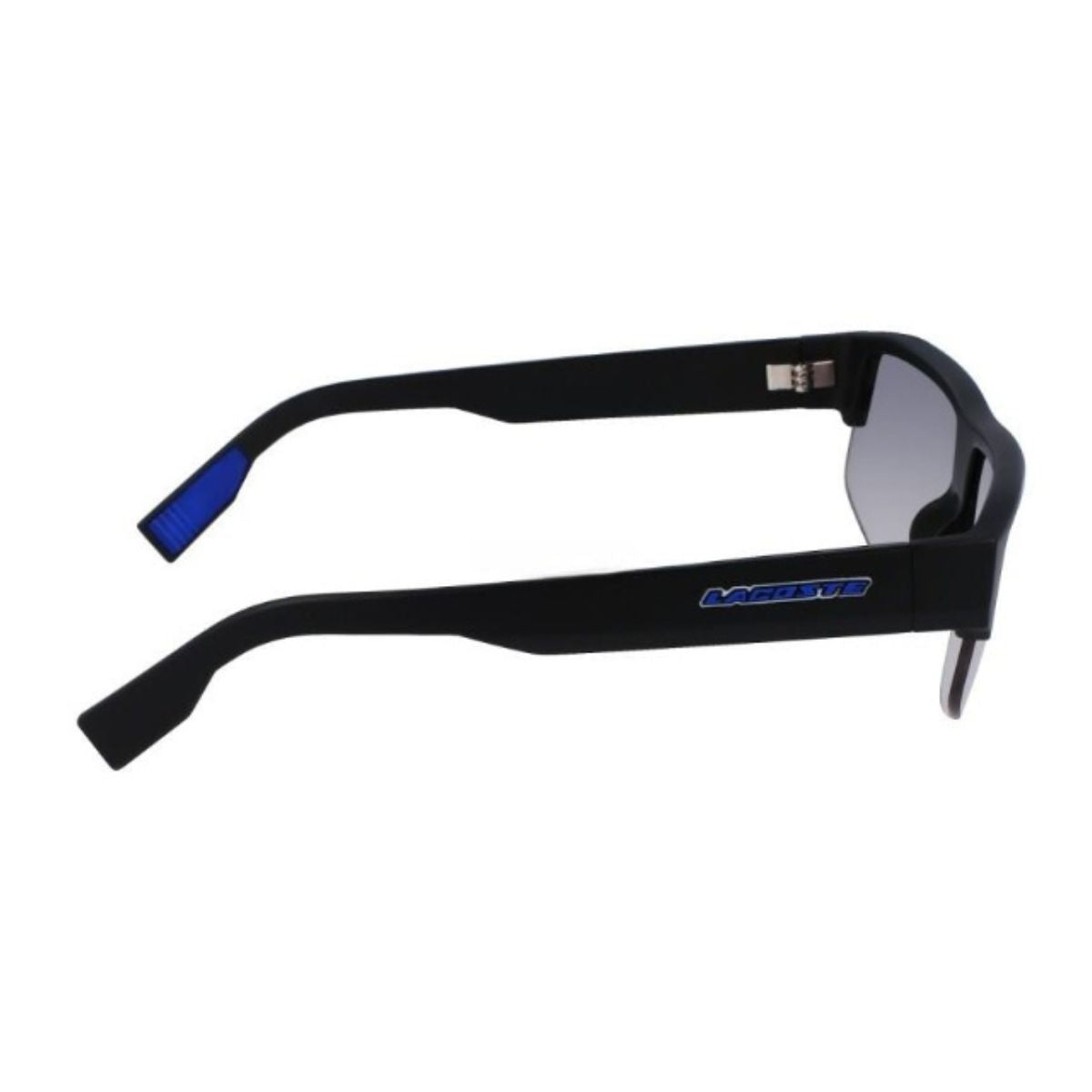"Lacoste 6003S 002 Rectangle Sunglass for Women at Optorium: Stylish, UV-protected sunglasses with blue flash mirror lens. Available in black or blue temple color. Perfect for men and women, made with polycarbonate lens and a full frame. Shop now at Optorium."