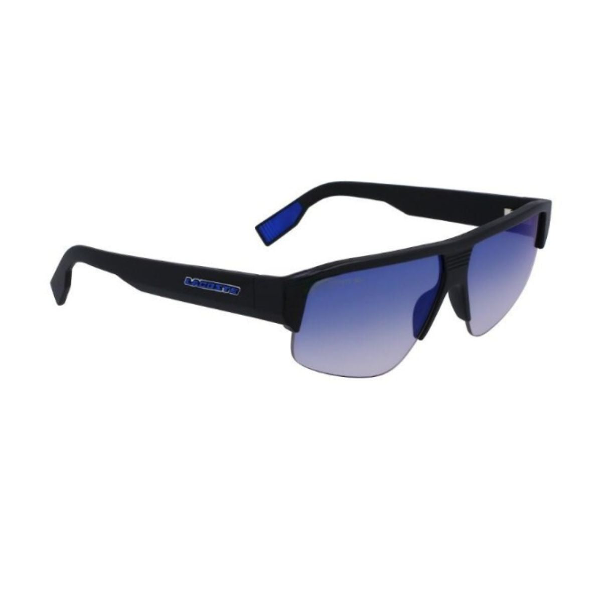 "Stylish Lacoste 6003S 002 Rectangle Sunglass for women at Optorium. UV protection, blue flash mirror lens. Black or blue temple color."