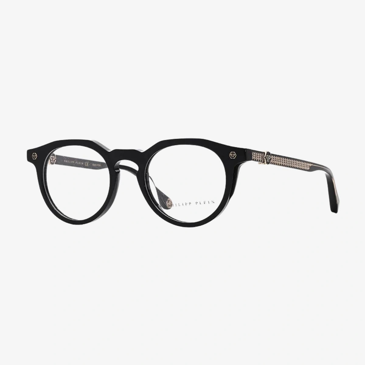 Premium unisex prescription glasses with gold pyramid studs and acetate temples