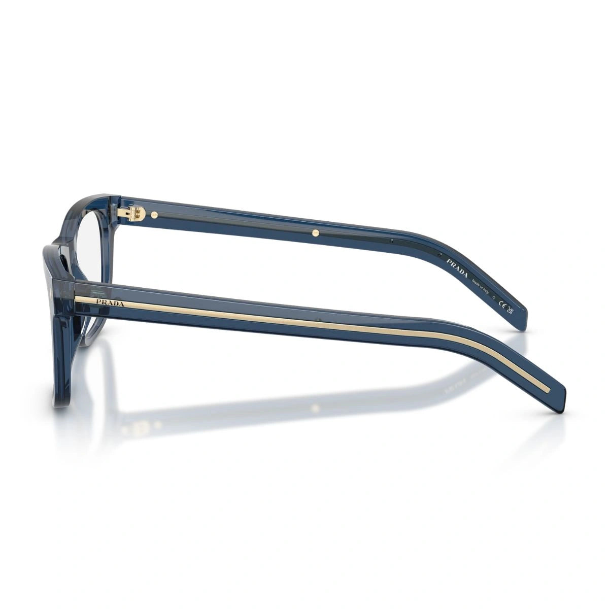 Authentic Prada transparent dark blue square prescription eyeglass frame with gold temple accents