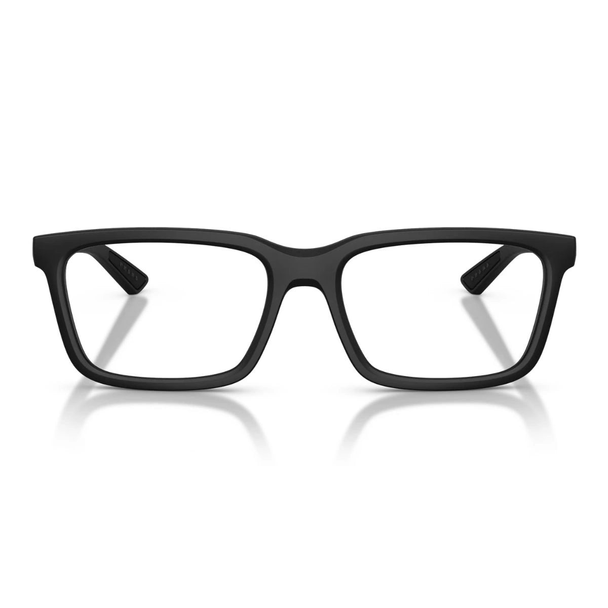 Prada Linea Rossa matte black rectangle eyeglasses with red logo temples