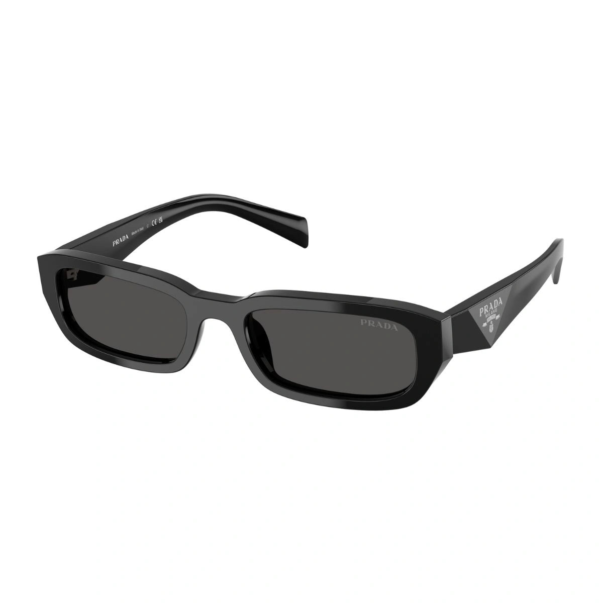 Stylish Prada black acetate sunglasses SPRB06 16K-08Z with dark grey lenses at Optorium