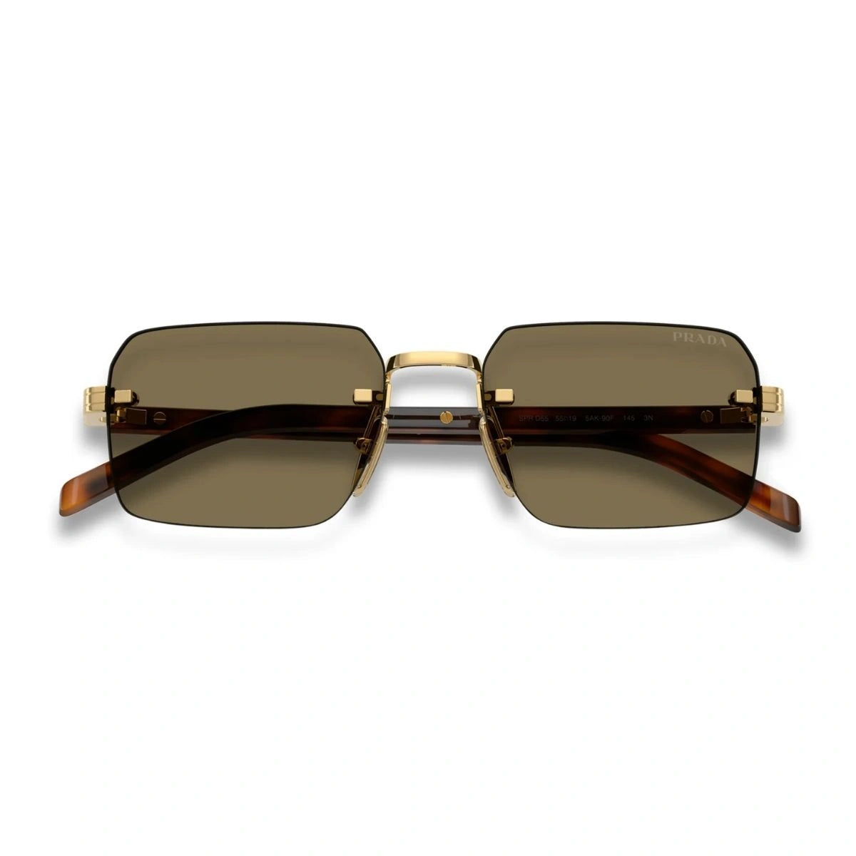 Elegant Prada PR D55S gold rimless rectangular sunglasses with brown lenses