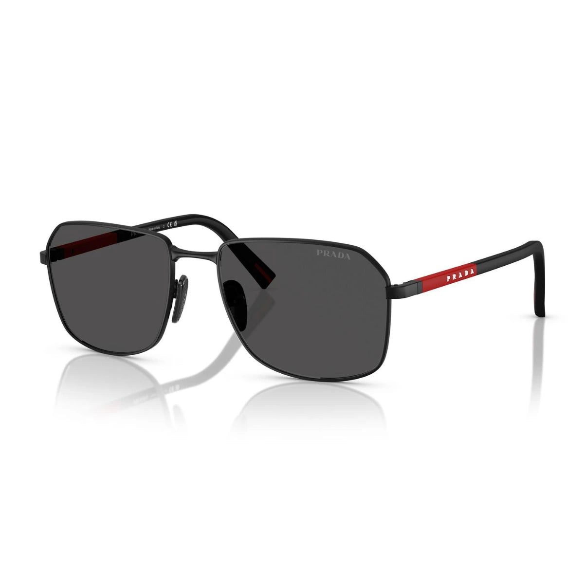 Stylish Prada Linea Rossa men shades SPS A51 1BO-06F with red and black temple design at Optorium