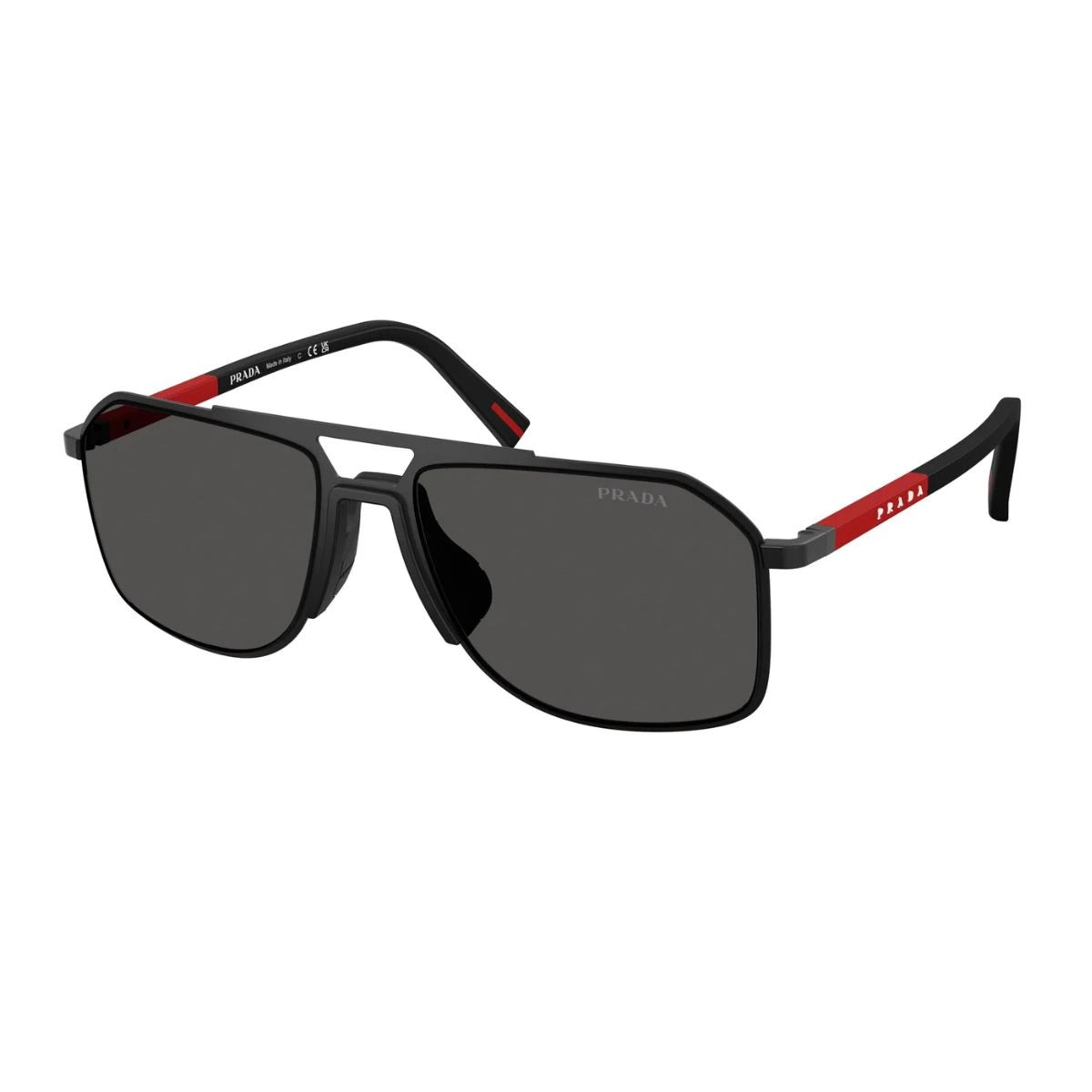 Prada aviator sunglasses SPS B51 1BO-06F black red temples dark grey lenses at Optorium