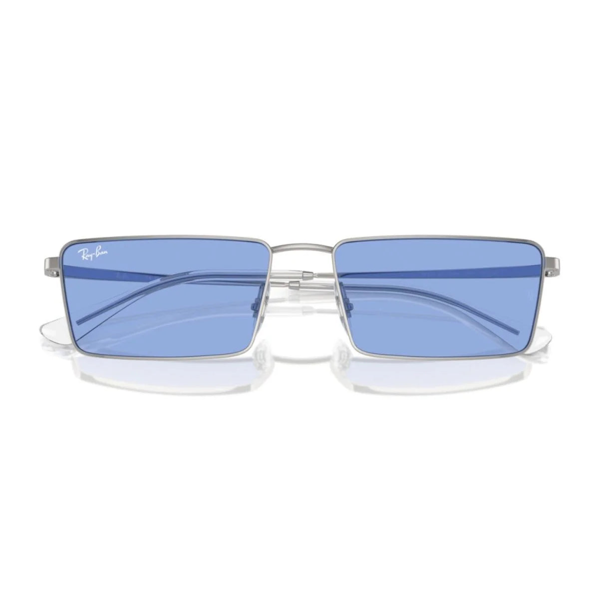 Modern unisex Ray-Ban Emy eyewear with blue lenses and slim silver temples